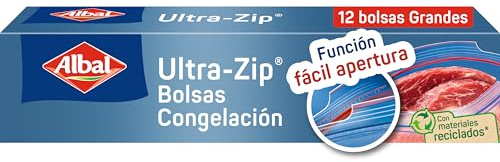 Albal Bolsas Congelación Ultra Zip 3 Litros, Fabricadas con 70% de Materiales Reciclados, Muy Resistentes, Reutilizables, Reciclables, Cierre Ultra-Zip Hermético, 12 Bolsas Grandes. Libres de BPA
