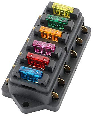 QitinDasen Premium KFZ 6-Fach Sicherungshalter, Universal Standard Blade Sicherungskasten, Sicherungsblock mit Abdeckung, 10Pcs Standard Flachsicherung, für Auto Boot Marine Trike (12V / 24V)