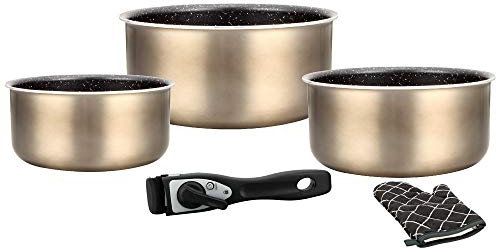Herzberg - Batería de Cocina - Set de Ollas Inducción 5 Piezas - Sartenes y Ollas Todo Tipo de Fuegos en Aluminio Forjado con Revestimiento de Mármol y Mango Desmontable - Cobre