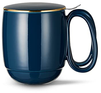 ZENS Tea Mug with Infuser, Porcelain Entwined Handle Loose Leaf Tea Cup, Gold Trim Lid Tea Steepimg Cup for Home or Office, Navy Blue