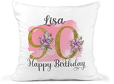 Personalised 90th Birthday Cushion - Custom Name - Gold Colour Floral 90
