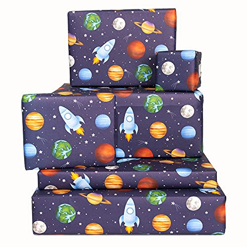 Central 23 - Lindo papel de regalo para niños - 6 hojas de papel de regalo de cumpleaños - Cohetes - Planetas en el espacio - Estrellas - Azul marino - Colorido - Reciclable