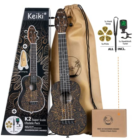 Ortega Guitars Soprano Super Scale Ukulele Akustisch – Keiki K2 Series – Inklusive Zubehör – Agathis, ABS, Orange Kaleidoscope (K2SS-OKC)