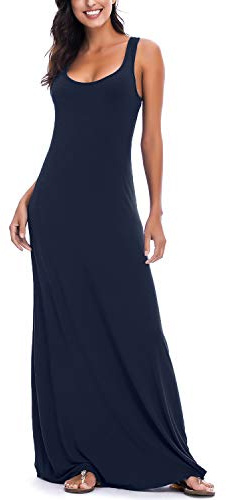 Mujeres Verano Informal Playa Sin Mangas Maxi Vestido Sólido Chaleco Largo Vestido (L, Azul Marino)