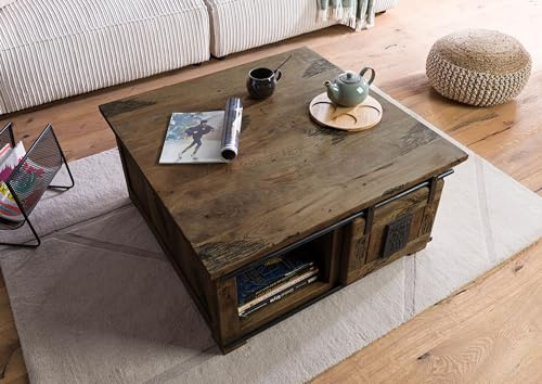 MASSIVMOEBEL24.DE | Railway Couchtisch aus Massivholz #4006 | aus Mangoholz - braun, lackiert | 90x90x45 cm | 2 offene Fächer mit Schiebetür | Massivholztisch Fernsehtisch Beistelltisch