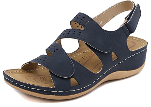 SMajong Sandalias con Punta Abierta Mujer Moda Ortopedicas Comodas Sandalias de Caminar Verano Sling Back Zapatillas de Vestir Ajustable al Tobillo, Azul 42 EU
