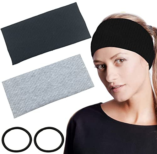 Bandeau Cheveux Large pour Femme et Homme,Bandeau de Sport Élastique Antidérapant,pour Sport,Yoga,Hiver,Noël(Noir,Gris,2 Pièces)