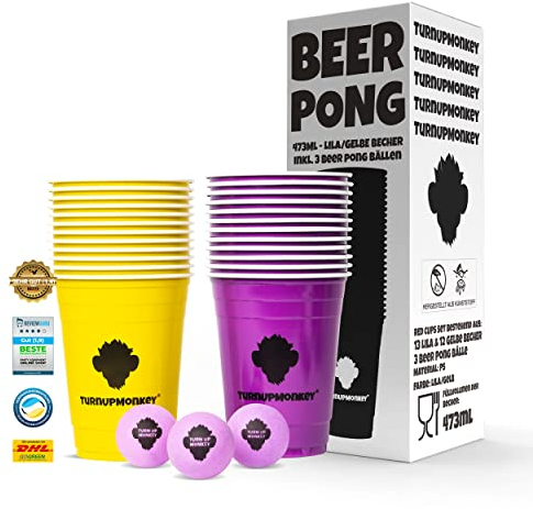TurnUpMonkey® Party Becher Set - 25 Partybecher + 3 Beer Pong Bälle - Premium Beerpongbecher Set - Beerpong Partybecher - Plastikbecher - Beer pong becher - Trinkbecher