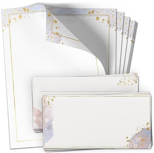 50 Briefpapier und Briefumschlag SET | Aquarell Gold-Look | Papier und Umschlag mit Design-Motiv bedruckt | 90 g/m²