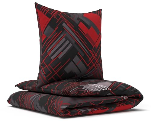 LARAWELL Bettwäsche 135x200 Baumwolle ganzjahres Bettwäsche-Sets rot grau abstrakt geometrisch Premium