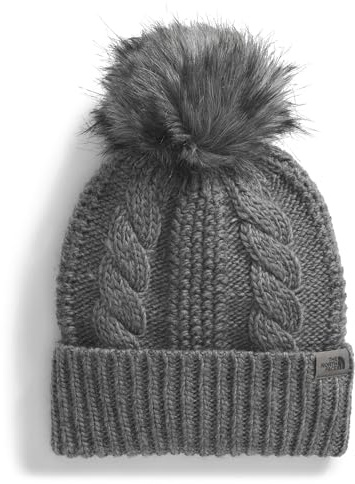 The North Face Women's Oh Mega Fur Pom Beanie | Deep Fit Cuffed Winter Hat with Oversized Faux-Fur Pom & Textured Cable Detailing, TNF Medium Grey Heather, One Size