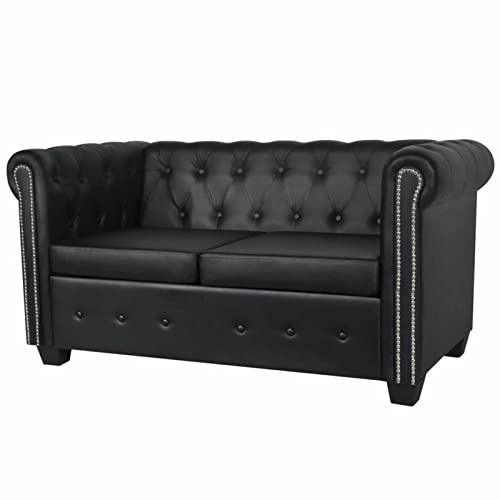 Sofá Chesterfield 2 Plazas, Sofisticado y Cómodo, Negro, 145,5 x 76 x 70 cm, Cuero Sintético, Estructura de Madera, para Casa u Oficina Modelo DYEEG-242369ES-WJYHP2