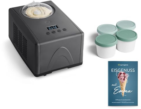 SPRINGLANE Glassmaskin Emma 1,5 l med självkylande kompressor 150 W, tillverkad av rostfritt stål med avtagbar isbehållare, inkl. receptbok (antracit, Emma antracit + 4 isbehållare mini 400 ml mynta)