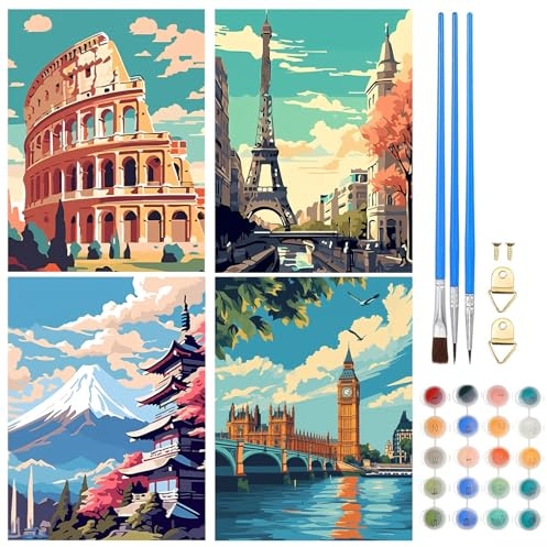 NAIMOER 4 Pack Painting by Numbers City Landscape, Paint by Numbers Kits for Adults Kids, DIY Acrylic Oil Painting with All Tools for Home Wall Decor Gifts 30x40cm (Famous Scenery)
