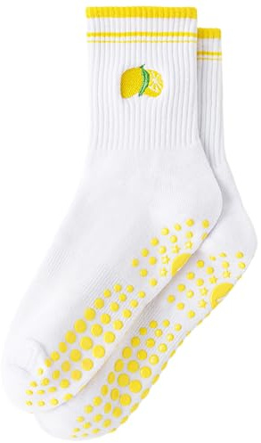 Yawlsow Chaussettes Pilates Femme Antidérapantes Yoga Reformer avec Picots Support de Voûte Plantaire Design Mignon pour Barre Danse Trampoline Hôpital Maison | Chaussettes de yoga à volants pour femme en coton avec broderie collante pour réformateur d'entraînement à la barre