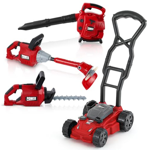 Arrowbash 4 Pcs Toy Gardening Tool Set for Kids Toy Leaf Blower Weed Trimmer Hedge Trimmer Push Lawn Mower Battery Play Set Christmas Birthday Party Gift for Boys Girls