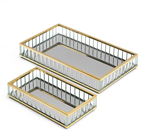Murago - 2er Set Spiegeltabletts rechteckig – Dekotablett mit Spiegelboden & goldenem Metall Rahmen – Schmucktablett Kosmetikablage Badtablett Organizer für Wohnzimmer Badezimmer Schminktisch Isteme