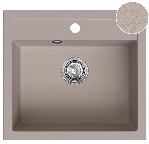 SINK QUALITY Lavello in granito beige 56 x 51 cm – Lavello in granito con sifone e impregnazione – Lavello per sottolavelli a partire da 60 cm di larghezza – Lavello singolo da incasso – Lavabo per