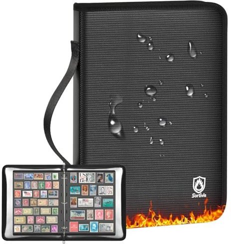 Sortivis Stamp Collection Album with 12 Pages, Stamp Book for Collectors, Protective Stamp Storage Binder with Clear Pockets, Fire-Resistant for Postage Stamps, Paper Money & Philatelic Items
