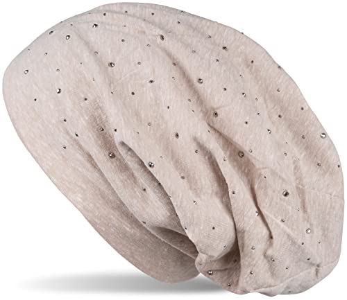 styleBREAKER Damen Beanie Mütze mit edler Strass-Nieten Applikation, Longbeanie Slouch 04024037, Farbe:Braun meliert/Used Look