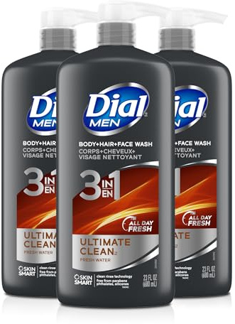 Dial Men 3 in 1 Body, Hair and Face Wash, Refresh, 16 Fl Oz, Pack of 3, Cleanses Deep + Gentle on Skin with Clean Rinse Technology