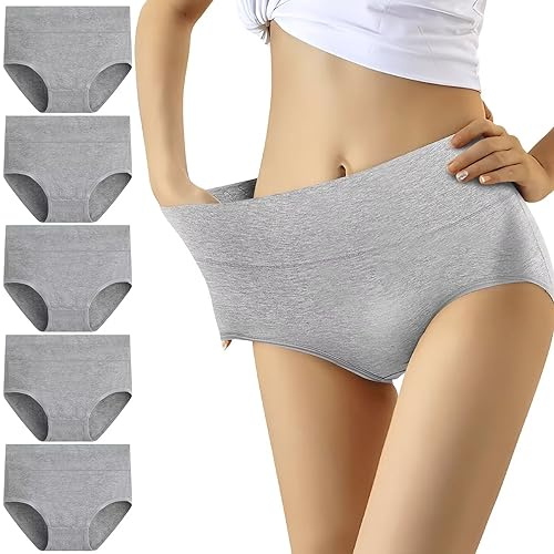 YouShow Culottes Femmes Coton Taille Haute Lot de 5 Slips Elasticité Ventre Plat(Gris,3XL)