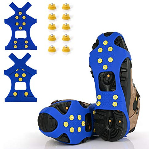 Ice Cleats, Ice Grips Traction Cleats Grippers Non-Slip Over Shoe/Boot Rubber Spikes Crampons with 10 Steel Studs Crampons + 10 Extra Replacement Studs (X-Large, Blue)
