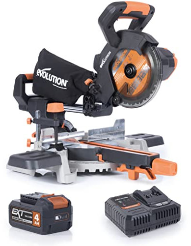 Evolution Power Tools R185SMS-Li Cordless Sliding Mitre Saw, 45° Bevel, 50° Mitre, 850W - Includes 4Ah Battery & Charger, 185MM TCT Blade, 3 Year Warranty, Black/Orange, (064-0001A)