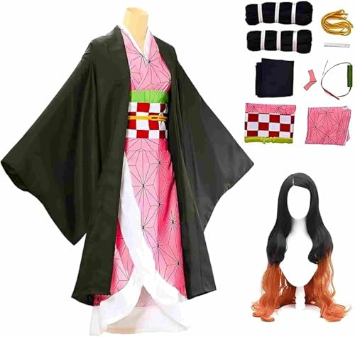 JYakeji 10 delar Nezuko Kimono-dräkt för barn och vuxna, japansk anime-kostym, halloween kimono med peruk