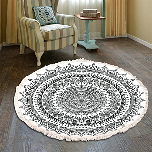 Runder Bohemian Teppich - Mandala Muster Mit Quasten, Waschbare Baumwolle für Wohnzimmer Und Schlafzimmer (80cm, Grau-Schwarz)