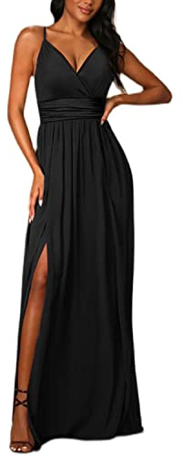 JENJON Femme Robe à Epaules Dénudées Col V Elegant Manches Courtes Casual Robes Solide de Vacances sans Manche Eté A-Noir L