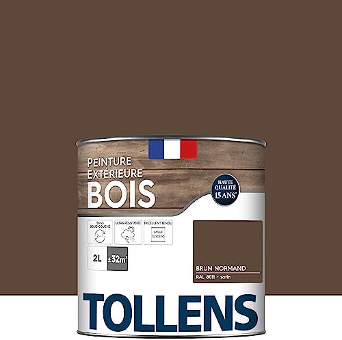 Tollens - Peinture extérieure bois 2 en 1 - Ultra Résistante - Finition Satin - Laque Riche en Résine - Pour Toute Boiserie Extérieure - Sans Sous-Couche - Satin - Brun Normand - 2L = 32m2