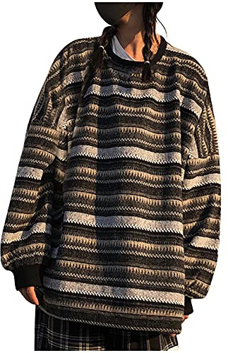 DAaomi Sweat Femme sans Capuche Vintage Rayé Sweatshirts Oversized Grande Taille Pullover Haut à Manches Longues Y2k Col Rond Crop Top Grunge Hip Hop Hoodies T-Shirt Années 90 Harajuku Streetwear