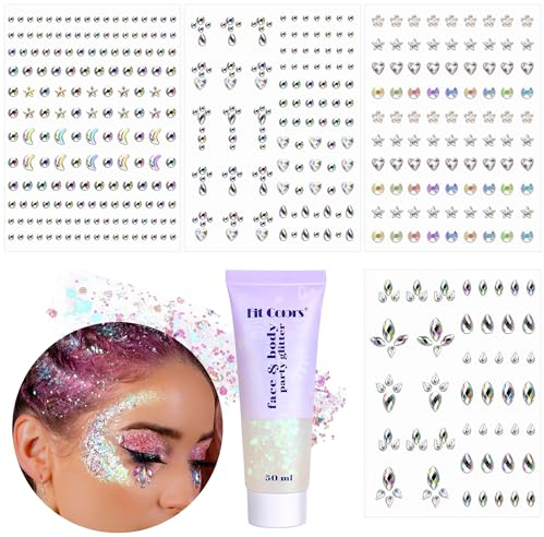 Remione Brillantini Make Up e Glitter Make Up Set 430 Strass Adesivi & 50ml Gel Glitter per Viso Occhi Capelli Corpo Labbra per Decorazioni Festival Makeup Party (Bianco)