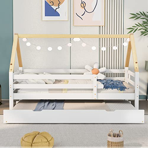Trädstussäng, dagsäng, enkelsäng, barnsäng, utdragbar säng, skjutsäng med hjul nertill, massivt trä, vit säng, naturfärgad takstol (200 x 90 cm)