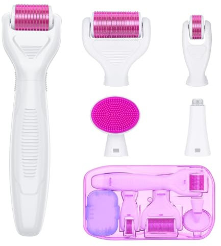 YaFex Derma Roller for Face and Body - 6 in 1 Titanium Microneedling Roller Kit Micro Needle Roller, 300 and 720 Needles 0.25mm,1200 Needles 0.3mm with 5 Replaceable Heads
