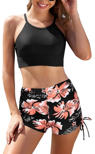SHEKINI Maillot de bain 2 pièces pour femme Crisscross Bikini Top Contrôle du ventre Cravate latérale Boyshorts