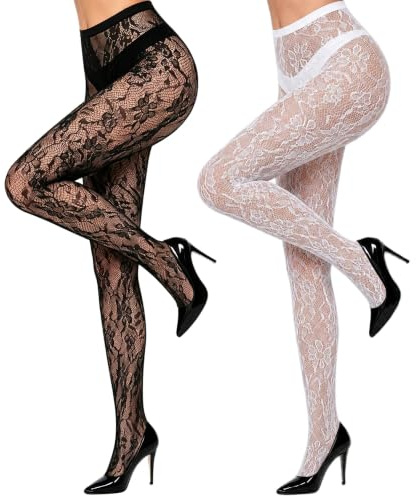 MOSIERRY Patterned Tights Black White Red Lace Fishnet Tights Womens, Funky Red Floral Fish Net Tights for Women, Fashion Fishnet Stocking