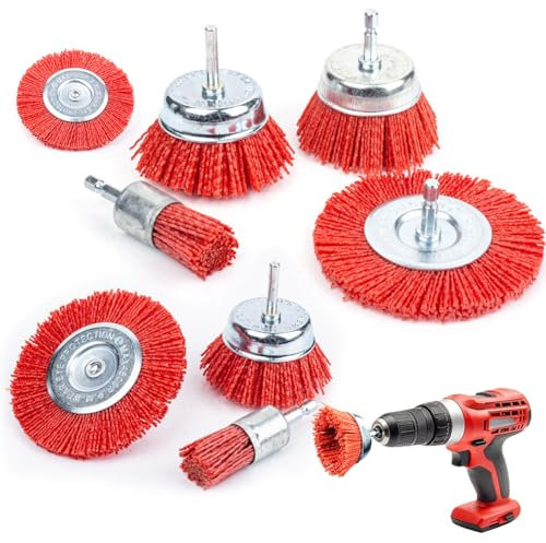 Set di 8 spazzole abrasive in nylon con attacco esagonale da 1/4, spazzole in nylon per trapano e avvitatore a batteria, in 8 misure, per la rimozione di ruggine, colore, corrosione e pulizia