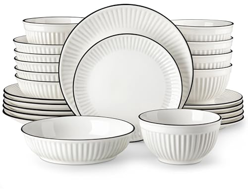 MALACASA 24-Piece Embossed Porcelain Dinner Set for 6, Includes Dinner Plates & Soup Bowls, Chip and Scratch Resistant, Microwave and Dishwasher Safe, Elegant White and Black Rim, Series Leila
