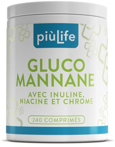 Glucomannane Titré 95% de Konjac PiùLife 240 Comprimés 4000 mg Avec Inuline, Niacine et Chrome, Glucomannane Pur | Fibres Végétales | 36.000 mPas | Soutien au Métabolisme Équilibré