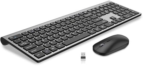 Trådlöst tangentbord och mus, ultratunt datortangentbord i full storlek och 2 400 DPI USB tyst mus med osynlig ljusdesign, saxströmbrytare, Fn-lås, för bärbar dator PC Chromebook Windows – svart