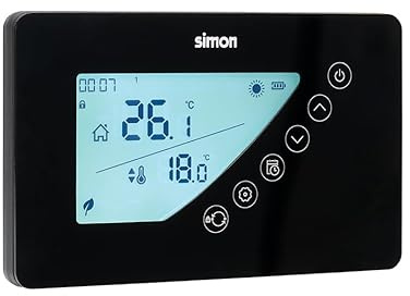 SIMON – Termostato Digital Programable Semanal, Modos Ahorro y Confort, Compatible Calefacción y Aire Acondicionado, Pantalla LCD, Instalación Superficie, Color Negro