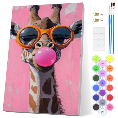 EOBROMD giraff måla efter siffror vuxna, abstrakta djur gör-det-själv handmålad oljemålning kit med ram, måla med siffror med 3 penslar, akrylfärg skrynkelfri duk kit för heminredning 20 x 30 cm