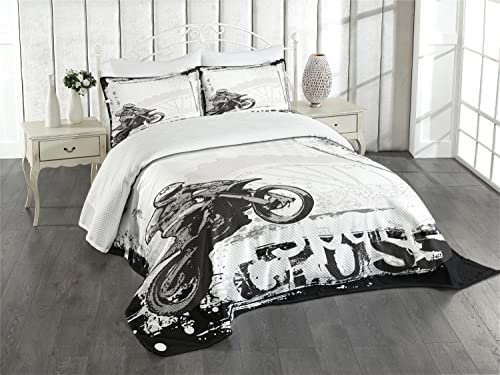 ABAKUHAUS Motorrad Tagesdecke Set, Motocross Racer, Set mit Kissenbezügen Romantischer Stil, für Doppelbetten 264 x 220 cm, Dunkelgrau Weiß