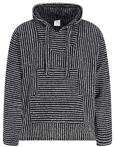 Mexikanischer Baja Jerga Hoodie Hippie Festival Top in dünnen schwarzen und weißen Streifen Gr. XL, Schwarz
