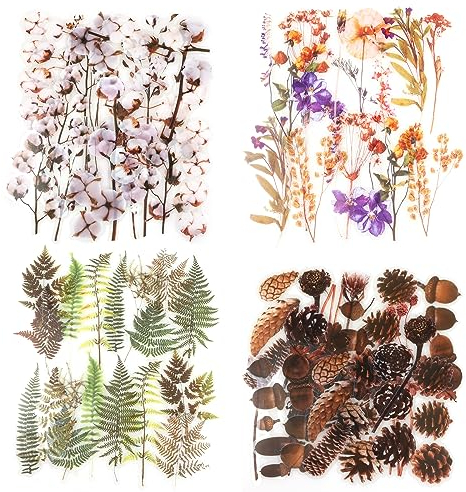 Lot d'autocollants Fleurs Séchées et Plantes, NogaMoga 80 pièces Pommes de Pin Fougère Coton Décoratifs Autocollants Vinyle étanche Scrapbook Autocollants pour Journaling Cartes Calendrier Macbook