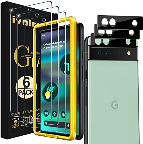 ivoler 3+3 Stück Schutz Glas für Google Pixel 6A, 3 Stücke Schutzfolie Mit 3 Stück Kameraschutz, 9H Härte, HD Klar, Anti-Kratz, Anti-Bläschen