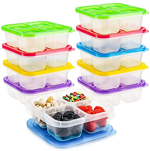 AVLA 10 Pack Snack Boxes, Reusable To Go Bento Lunch Boxes, 4-Compartment Snack Containers, Stackable Divided Food Storage for School Work Travel(5 Colors)