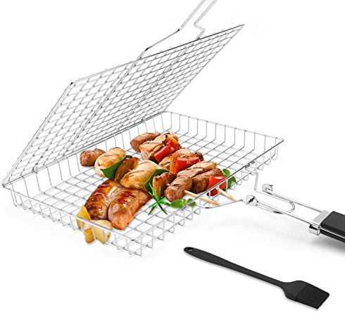 Canasta de Asado de Pescado, Cestas Plegables de Acero Inoxidable, Canasta de Parrilla de Barbacoa Portátil con Pinceles de Cocina para Pescado, Verduras, Camarón, Carne, 32 * 22 * 3.5 cm